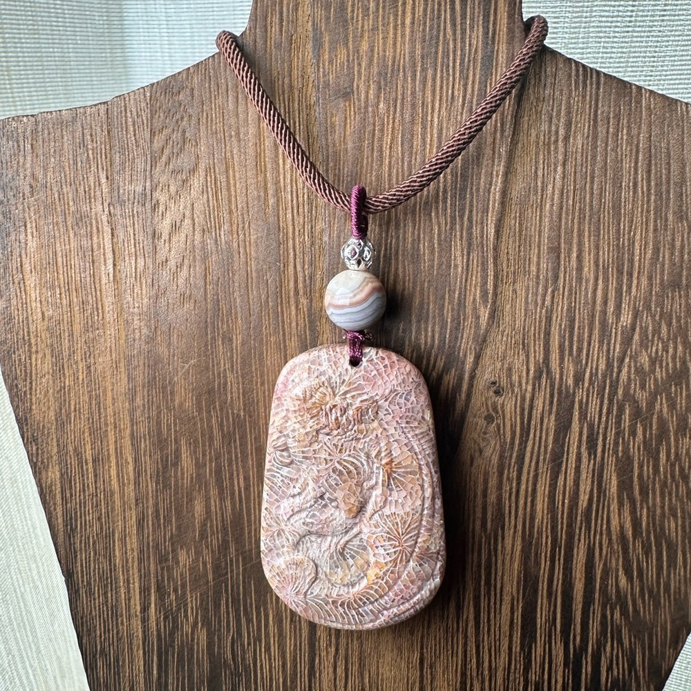Handcrafted Coral Fossil Lady Pendant Necklace, Botswana Agate on Brown Rope - Picture 6 of 13